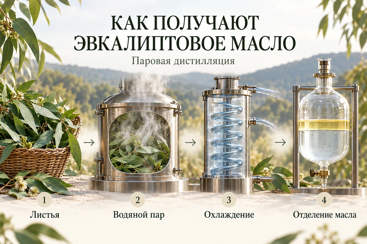 Основные этапы паровой дистилляции: листья эвкалипта, пар, охлаждение и отделение масла