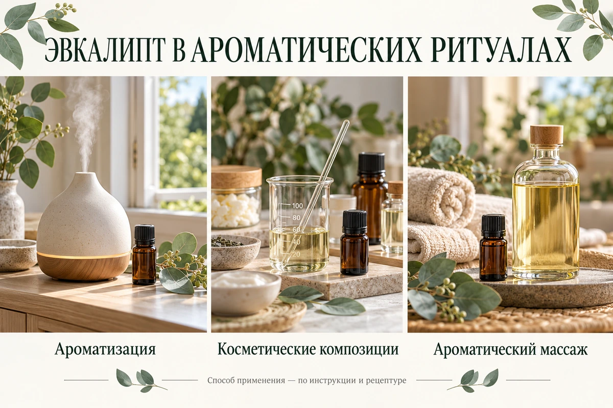 Ароматизация помещения, косметические композиции и массажная основа с эвкалиптовым ароматом