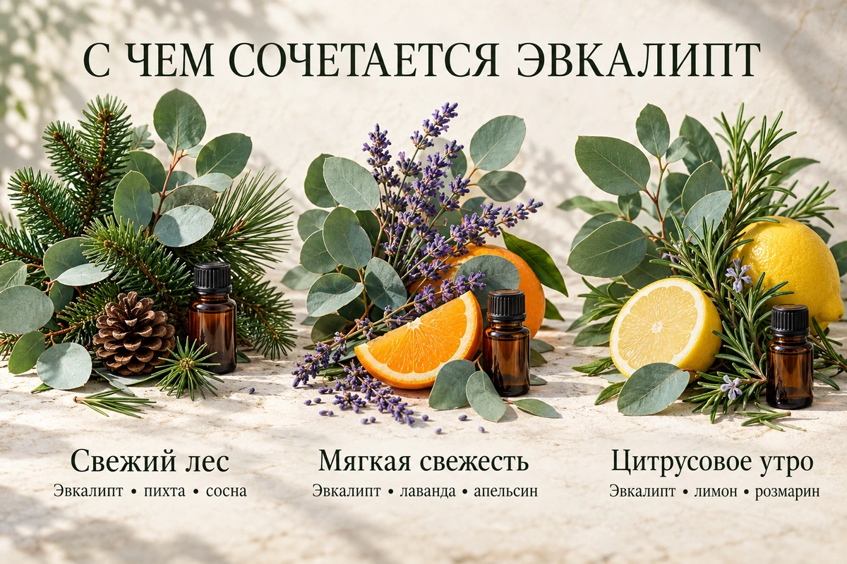 Три сочетания эвкалипта: с пихтой и сосной, лавандой и апельсином, лимоном и розмарином